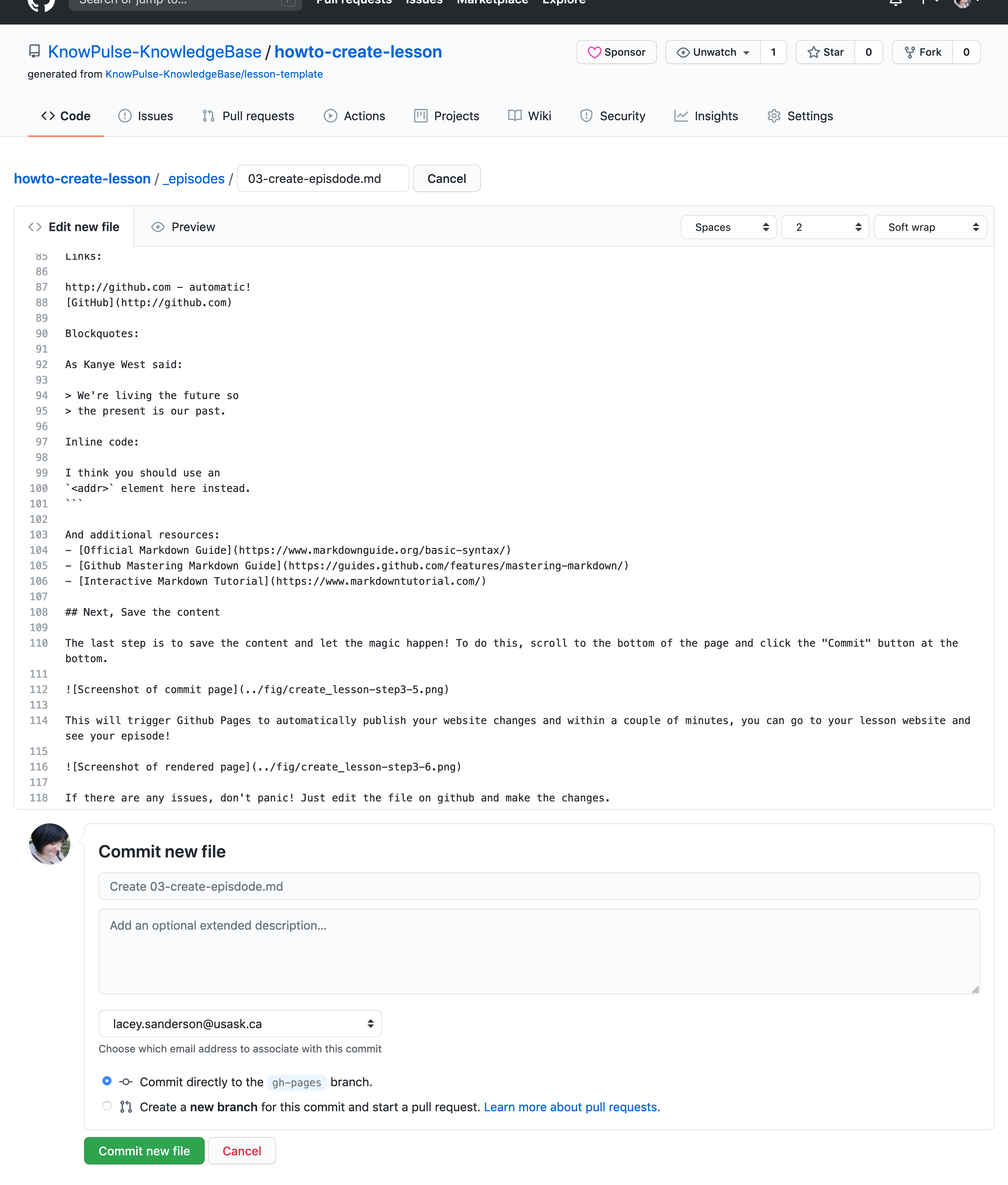 Screenshot of commit page